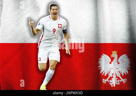 Robert Lewandowski und polnische Flagge Stockfoto