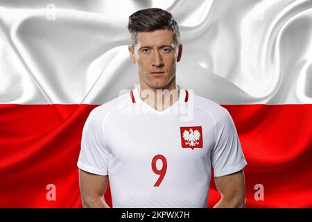 Robert Lewandowski und polnische Flagge Stockfoto