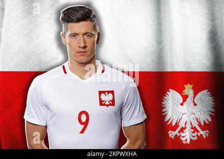 Robert Lewandowski und polnische Flagge Stockfoto