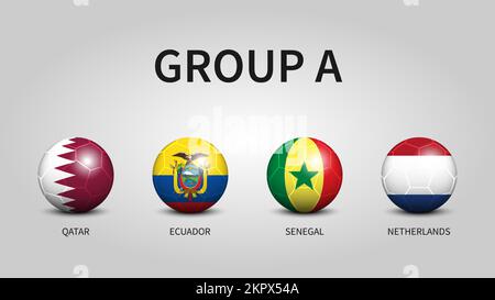 Qatar Fußball-Cup-Turnier 2022 . Gruppe A Stufen . Fußball mit Landesflaggenmuster. Vector . Stock Vektor