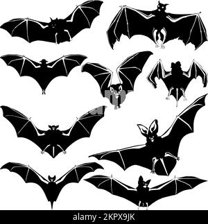 Silhouetten von Fledermäusen auf weißem Hintergrund, Vektorsatz von Fledermäusen auf isoliertem transparentem Hintergrund Stock Vektor