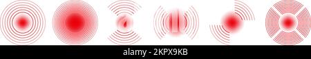 Rote Signalerkennungskurven des Monitors. Puls- oder Rauschsymbole. Lautsprecherton, Radarsignalisierung oder Ziel. Digitale Sonar-Kreisvektorsymbole. Schmerz breitet sich aus Stock Vektor