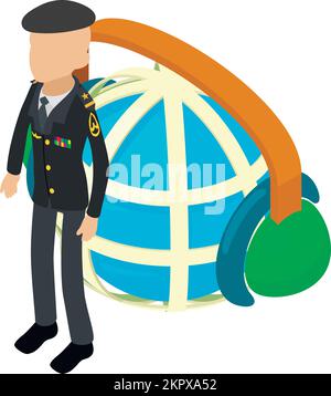 Isometrischer Vektor des Kriegsveteranen-Icons. Ein alter Soldat in Uniform und im Globus-Raster. Militär-Soldat, Armeekonzept Stock Vektor