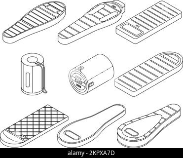 Schlafsack-Symbole eingestellt. Isometrischer Satz von Schlafsack-Vektorsymbolen umgibt den Vektor auf weißem Hintergrund Stock Vektor