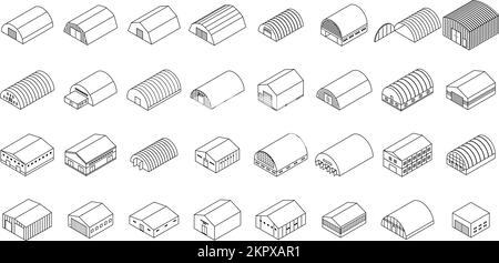 Hangar-Symbole eingestellt. Isometrischer Satz von Hangarvektorsymbolen umgibt den Vektor auf weißem Hintergrund Stock Vektor