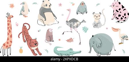 Doodle flache wilde Tiere. Tigerfaultier-Affe und Pinguin. Isoliertes Zootier, Cartoon-Krokodil und Giraffe. Heute ist es Vektor-kindisch-tropisch Stock Vektor