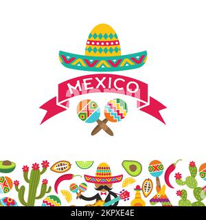 Mexikanischer Hintergrund. Cactus techila sombrero authentische Symbole mexikanischen Stils. Vektor Stock Vektor
