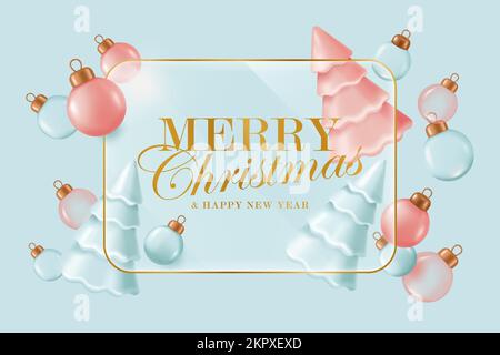 Frohes Weihnachtsbanner. Dekorative festliche Elemente Glaskugeln und Weihnachtsbaum. Realistische 3D-Vektordarstellung Stock Vektor
