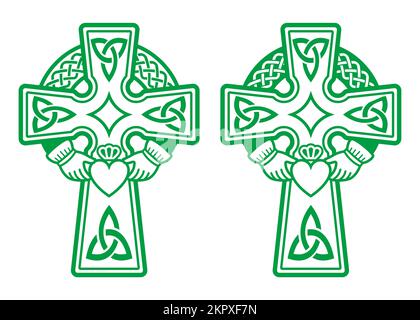 Irisches keltisches grünes Kreuz mit Claddagh-Ring - Vektordesign-Set für Herz und Hände - St. Patrick's Day Celebration in Irland Stock Vektor
