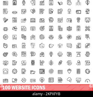 100 Website-Symbole festgelegt. Gliederungsdarstellung von 100-Webseiten-Symbolen, Vektorsatz isoliert auf weißem Hintergrund Stock Vektor
