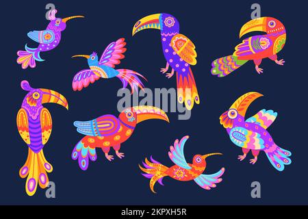 Mexikanische Ziervögel. Traditionelle mexikanische Stickerei, tropische Vogelkunst, Alebrije-Tier mit wunderschönen Blumen-Zierfedern, Stammeskunst, Vektordarstellung des Ziervogelmusters Stock Vektor