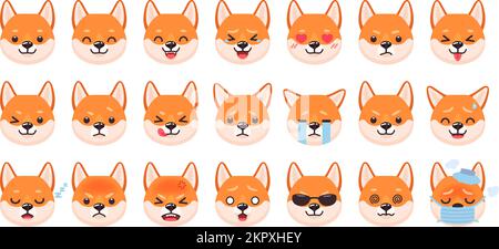 Hunde Emoticons. Hundefigur, die Ausdrücke und Emotionen zeigt, Kawaii Anime Hündchen Emoji wütend traurig Happy Nickerchen Zwinkern niedlicher Tierausdruck, geniale Tiervektor-Illustration eines Hundetiers Stock Vektor