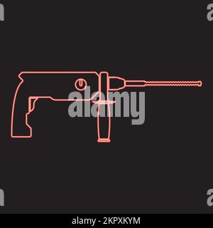 Neon-Bohrhammer Abbrucharbeiten rot Vektoranordnung Bild flache Leuchte Stock Vektor