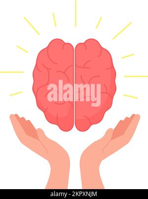 Arzthandschuhe mit Gehirn. Wachsender Geist in der Hand des Psychologen, psychische Gesundheit halten Sicherheitskopf, Psychologie Therapie medizinische Behandlung Wissenschaft Beratung Vektor Illustration des menschlichen Gehirns in den Händen Stock Vektor