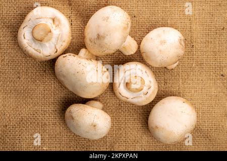 Ein paar ganze Bio-Pilze Champignon auf einer Jutesserviette, Blick von oben. Stockfoto