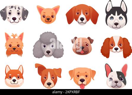 Der Hund sieht Emoticons gegenüber. Züchten Sie Hunde Welpenköpfe, zeichnen Sie fröhliche Haustiere Charakter niedliches Gesicht Hundekopf züchtet Husky Beagle labrador yorkshire Pudelset Cartoon geniale Vektordarstellung des Charakterhundes Stock Vektor