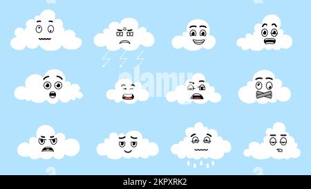 Süße weiße Cartoon-Wolken, Gesichtsausdruck. Isolierte Wolke mit Regentropfen, Wettersymbole. Ausgefallene kindische Naturelemente, Vektoraufkleber Stock Vektor