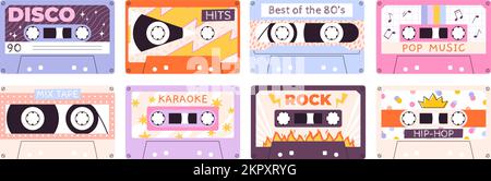 Cartoon-Tonbandkassette. Stereomusik im 90s 80s-Stil. Vintage Rock und Jazz, alte Mixtape-Klänge. Analoge Aufzeichnungen, 1980 Kassettengeräte Stock Vektor