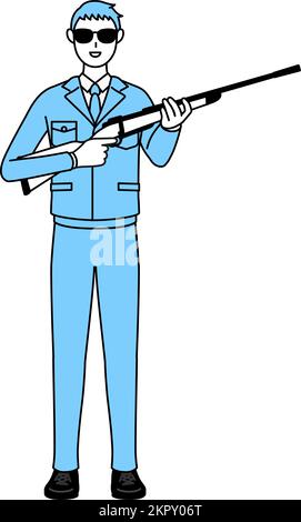 Einfache Linienzeichnung eines Mannes in Arbeitskleidung, der eine Sonnenbrille trägt und ein Gewehr in der Hand hält. Stock Vektor