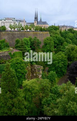 Blick auf die Stadt Luxemburg mit den Pétrusse-Parks, der Kathedrale Notre-Dame und Gëlle Fra (Denkmal der Erinnerung). Stockfoto