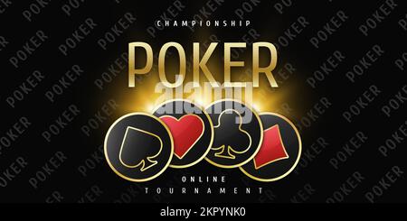 Banner für Pokerturniere. Poker-Logo mit Spielkarten-Spielchips. Keulen, Diamanten, Pik, Herzen auf schwarzem Hintergrund. Vektorgrafik. Stock Vektor
