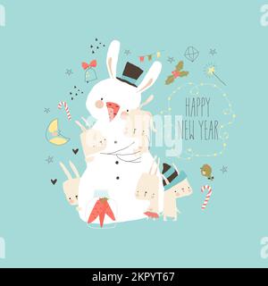 Silvester-Karte mit süßem Schneemann, der Kaninchen umarmt Stock Vektor