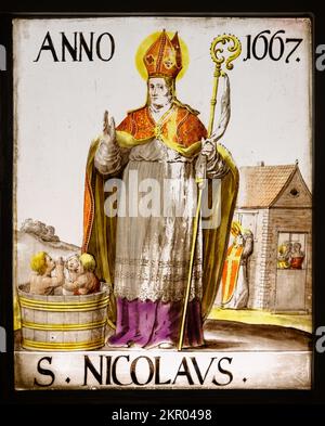 Heiliger Nikolaus. Auf Glas malen. 1667. Von der St.-Martin-Kathedrale in Bratislava, Slowakei. Stockfoto