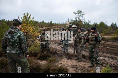 USA Soldaten mit 6. Staffel, 9. Kavallerie-Regiment, 3. bewaffneten Brigaden-Kampfteams, 1.. Kavallerie-Division (3-1 ABCT), operativ der 1.. Infanterie-Division (1 ID) zugewiesen, führen eine Nachprüfung durch, bei der ein finnisches Militärhauptquartier, die Panzerbrigade, die Pori-Brigade, die Karelia-Brigade, UTI Jaeger Regiment and Logistics Department of the Defense Forces, in Niinisalo, Finnland, 4. November 2022. Das 3-1. ABCT ist unter anderem eine Einheit des 1. ID, die stolz mit Verbündeten und regionalen Sicherheitspartnern zusammenarbeitet, um V Corps, Amerikas vorwärts entsandtes Korps in Euro, kämpfungsfähige Kräfte zur Verfügung zu stellen Stockfoto