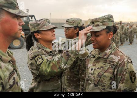 Angie Mejia, ein Versorgungsspezialist der 369. Nachhaltigkeitsbrigade, erhält eine neue Patrouillenkappe von 1. Sgt. Rebecca Santana, Hauptquartier und Hauptquartier der Kompanie 369. Nachhaltigkeitsbrigade, während einer Ehrung im Lager Arifjan, Kuwait, am 4. November 2022. SPC. Mejia wurde aus dem Rang einer privaten ersten Klasse befördert. 369SB, 369th Sustainment Brigade, Harlem Hellfighters, NYNG, TF Hellfighter, Promotions, Stockfoto