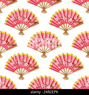 Aquarelldarstellung des roten chinesischen Fächermusters. Feiertage, Feiern, Neujahr, Tradition. Ideal für T-Shirts, Karten, Drucke. Isoliert auf weißem Ba Stockfoto