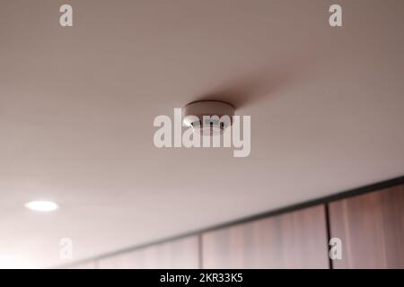 Feuerlöschanlage in Innenräumen. Weißer Rauchmelder sendet ein Signal an eine Brandmeldezentrale als Teil einer an der weißen Decke i installierten Brandmeldeanlage Stockfoto