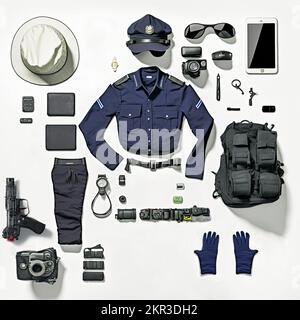 Knolling Flat-lay-Bild von Polizistenausrüstung mit Uniform und Helm. Offiziersausrüstung wie Pistole, Knüppel und Handschellen auf weißem Hintergrund mit Stockfoto