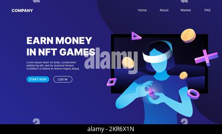 Eine Frau, die Kryptospiele spielt. P2E Konzept der Landing-Page für Crypto-Spiele. Verdienen Sie Geld bei NFT Games. Vektordarstellung Stock Vektor