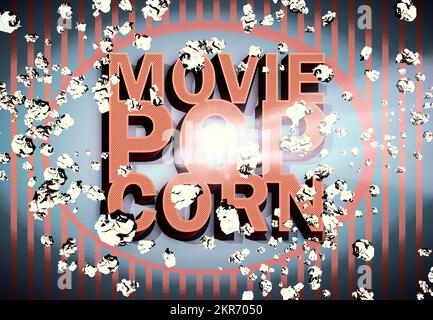 Retro-Blechschild Pop Art auf einer kreativen Ausstellung von Vintage-Kino mit fallenden Popcornkörnern. Film Pop Corn Stockfoto