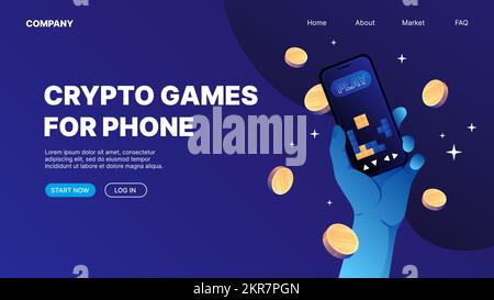 P2E Spiele. Blockchain VR-Spiele. P2E Konzept der Landing-Page für Crypto-Spiele. Vektordarstellung Stock Vektor