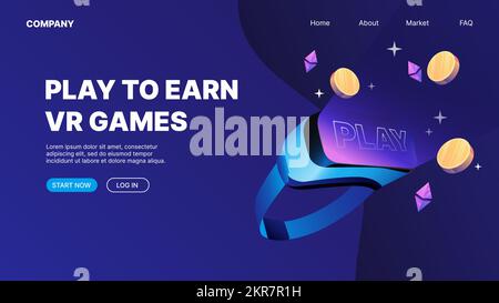 VR-Brille, fliegende Münzen. P2E Konzept der Landing-Page für Crypto-Spiele. Spielen, um VR-Spiele zu verdienen. Vektordarstellung Stock Vektor