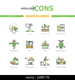 Landwirtschaft und Lebensmittelanbau – Symbolsatz im Liniendesign Stock Vektor