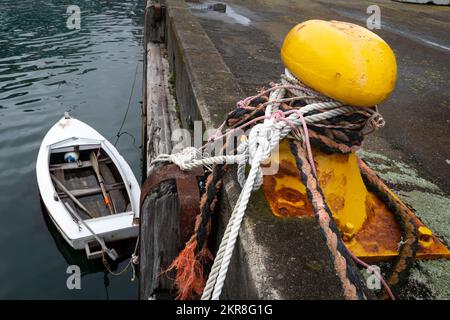 Anlegeseile um den gelben Poller am Ufer, Wellington, North Island, Neuseeland Stockfoto