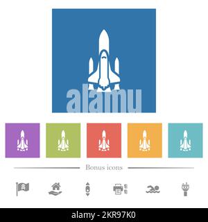 Space Shuttle mit Abschussrampen flache weiße Symbole in quadratischen Hintergründen. 6 Bonus-Symbole enthalten. Stock Vektor