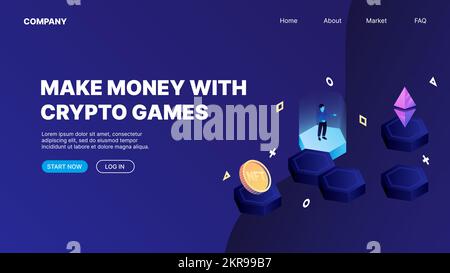 P2E Konzept der Landing-Page für Crypto-Spiele. Mit Kryptospielen Geld verdienen. Vektordarstellung Stock Vektor