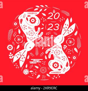 Chinesisches Neujahr 2023. Rote Weihnachtshasen. Symbol des neuen Jahres nach Osten Stock Vektor
