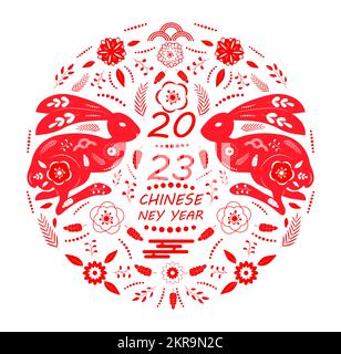 Chinesisches Neujahr 2023. Rote Weihnachtshasen. Symbol des neuen Jahres nach Osten Stock Vektor