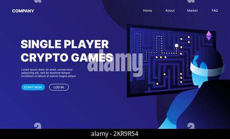 Ein Mann, der Kryptospiele spielt. P2E Konzept der Landing-Page für Crypto-Spiele. Kryptospiele für Singleplayer. Vektordarstellung Stock Vektor