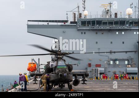 Task Force Rough Riders, Task Force Spartan, nehmen am 10. November 2022 am Amphibieneinsatz und an der Qualifikation zur Deckslandung auf dem Seeweg USS Lewis B. Puller (ESB 3) im Arabischen Golf Teil. Sowohl UH-60 Blackhawks als auch AH-64 Apachen Proben die Landung auf Puller, um die Reichweite zu erweitern. Der Abzieher wird im US-Flottengebiet 5. eingesetzt und der Task Force 51/5. Marine Expeditionary Brigade (TF 51/5) zugewiesen. TF 51/5 koordiniert, plant und führt Operationen durch, führt eine Zusammenarbeit im Bereich der Sicherheit von Theatern durch und entwickelt neue Marinekonzepte auf See, vom Meer und an Land weiter Stockfoto