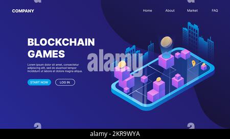 Blockchain-Spiel, digitale Illustration. Metaverses Konzept. P2E Konzept der Landing-Page für Crypto-Spiele. Verdienen Sie Geld bei NFT Games. Vektordarstellung Stock Vektor