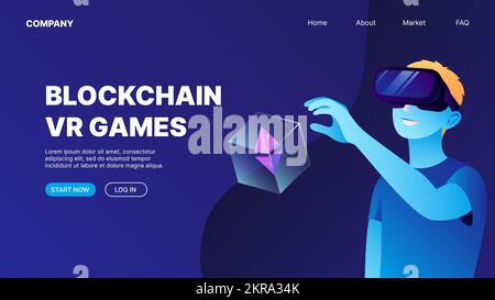 Ein Mann mit VR-Brille fand eine Kiste mit Kryptowährung. Blockchain VR-Spiele. P2E Konzept der Landing-Page für Crypto-Spiele. Vektordarstellung Stock Vektor