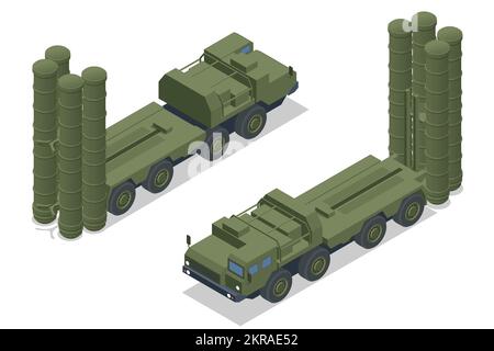 Isometrisches S-300-, S-400-Raketensystem. Langstrecken-Boden-Luft- und Raketenabwehrsystem. Militärfahrzeug Stock Vektor