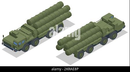 Isometrisches S-300-, S-400-Raketensystem. Langstrecken-Boden-Luft- und Raketenabwehrsystem. Militärfahrzeug Stock Vektor