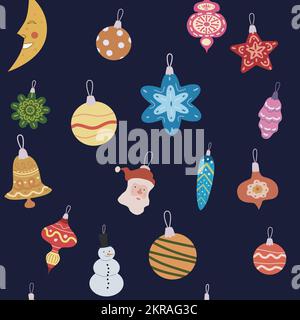 Weihnachten nahtlose Muster Retro Kugeln, Spielzeug. Doodle Vintage-Symbole Stock Vektor