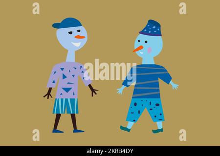 Set mit weihnachtsschneemännern im flachen Schal- und Mützenstil. Snowmans-Kollektion mit niedlichen Figuren für Weihnachten und Neujahr. Vektordarstellung. Stock Vektor
